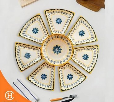 Piring Set Yellow Pattern Buffet Serving Ceramic