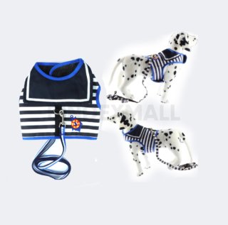 Wiz BBQT Blue and White Navy Striped Sailor Anchor Style Pet Dog Harness and Leash Set for Walking Party (Large) A
