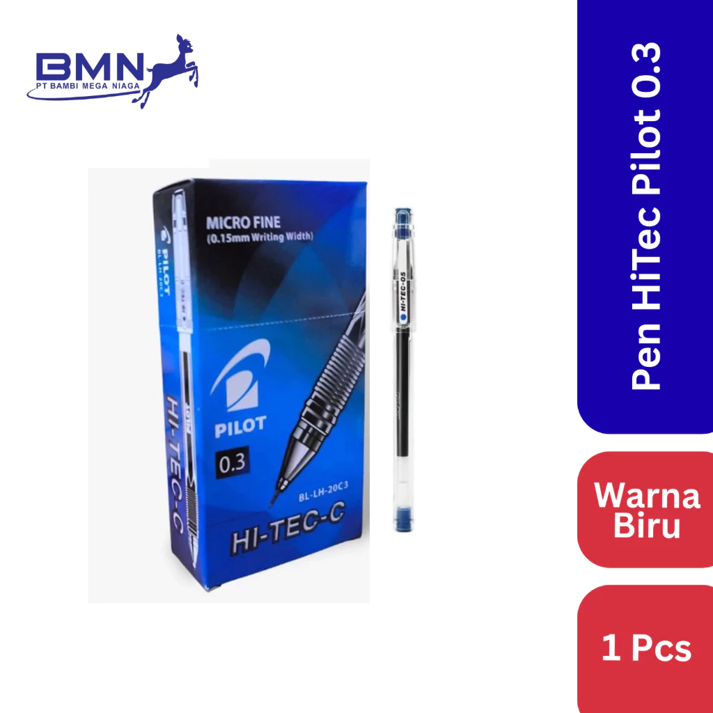 Pen Hi-Tec Pilot 0.3mm Biru dengan ujung lancip dan desain tiga lekukan untuk presisi tinggi