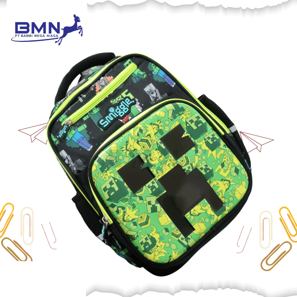 tas smiggle lucu minecraft warna hijau dan hitam medium untuk anak laki laki