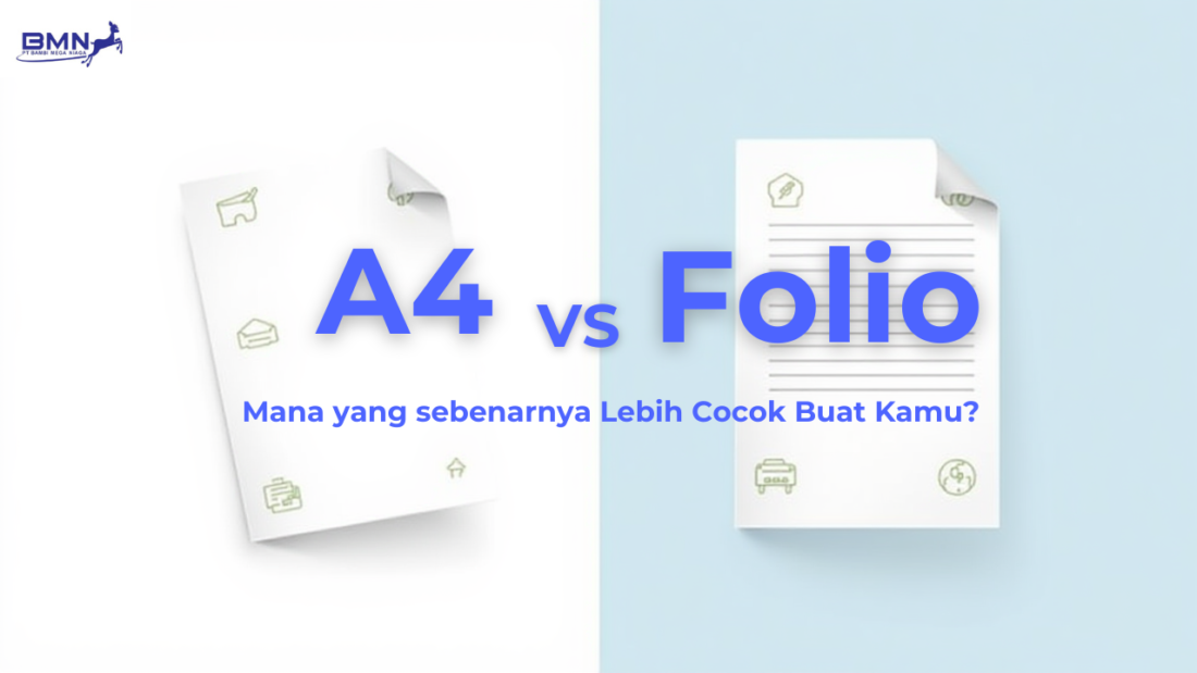 Ilustrasi perbandingan ukuran kertas A4 dan folio di atas meja kerja dengan dokumen dan alat tulis