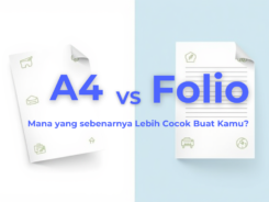 Ilustrasi perbandingan ukuran kertas A4 dan folio di atas meja kerja dengan dokumen dan alat tulis
