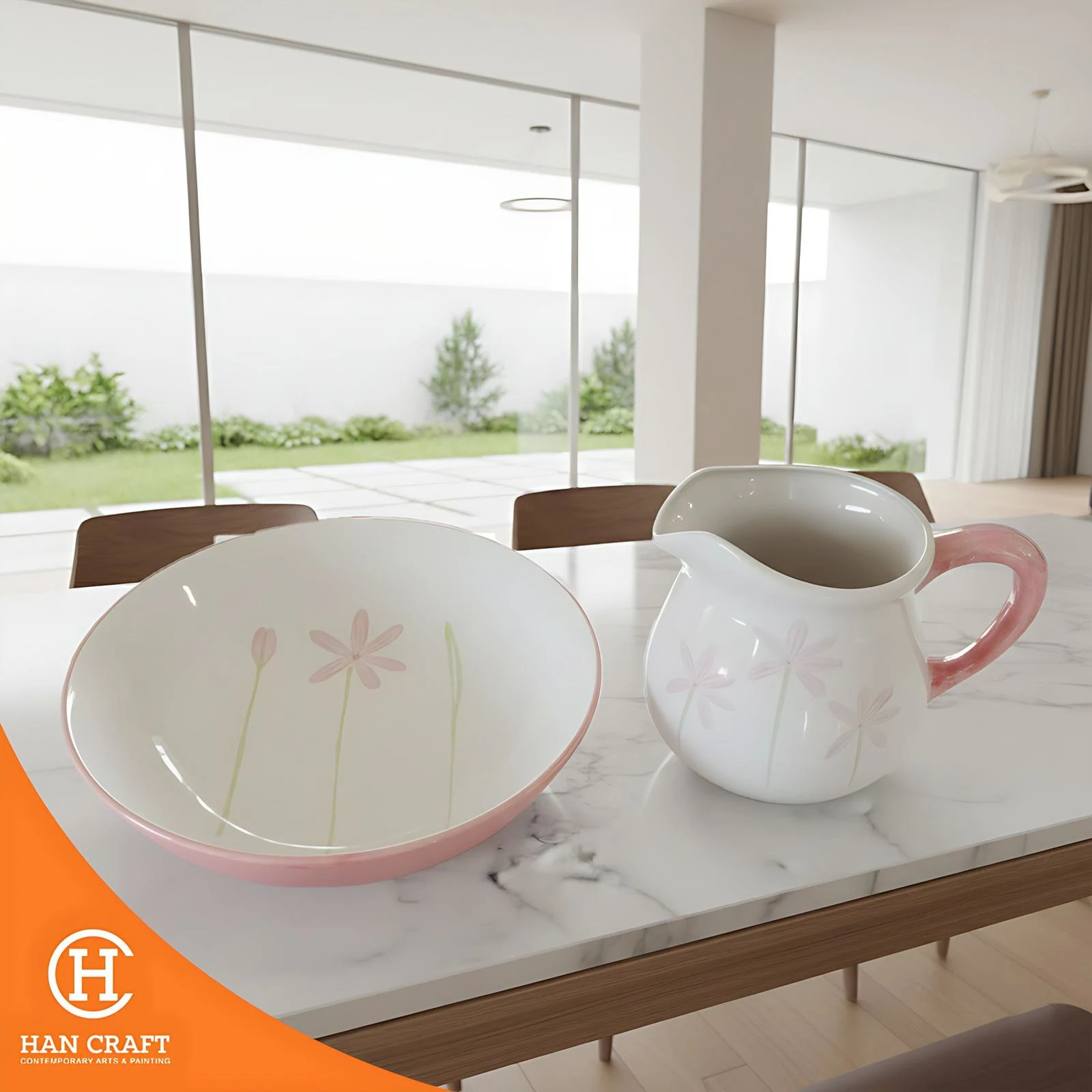 Pink Blossom Ceramic Teapot and Plate