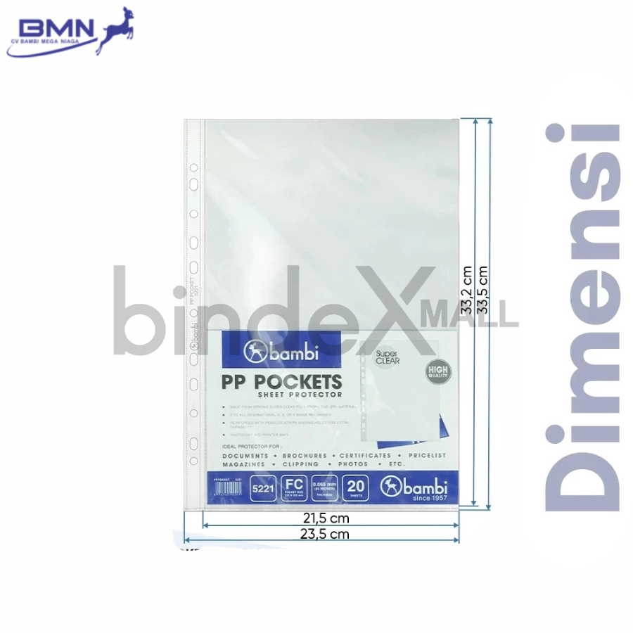 Bambi Sheet Protector Folio Plastik PP Super Clear 60 Mic Code 5221 Original isi 20 lembar