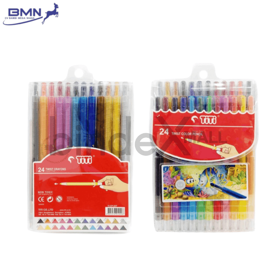Crayon Titi Twist isi 24 warna cerah sistem putar tanpa raut aman untuk mewarnai anak sekolah