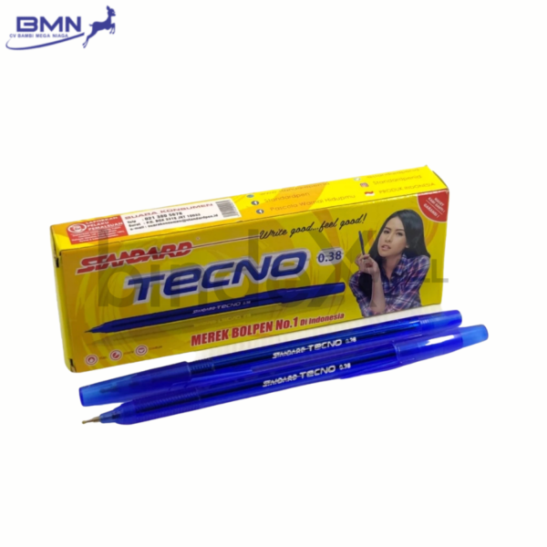 Pulpen Standard Tecno biru 1 pcs tinta biru pekat lancar halus desain ringan nyaman untuk sekolah dan kantor