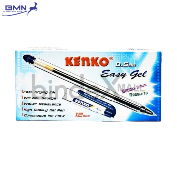 Kenko Easy Gel Pen biru isi 3 pcs tinta gel pekat 0.5mm cepat kering lancar untuk sekolah kantor dan dokumen resmi