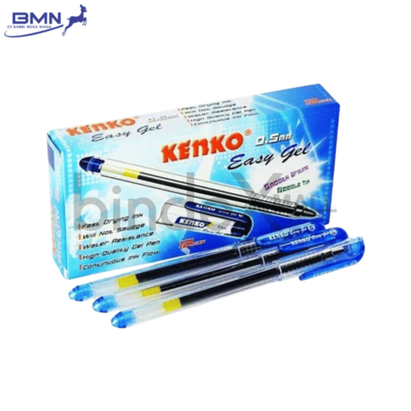 Kenko Easy Gel Pen biru isi 3 pcs tinta gel pekat 0.5mm cepat kering lancar untuk sekolah kantor dan dokumen resmi