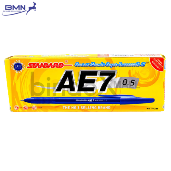 Pulpen Standard AE7 biru isi 12 pcs Alfa Tip 0.5mm tinta lancar merek bolpen nomor satu Indonesia garansi macet