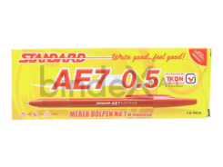 Pulpen Standard AE7 merah Alfa Tip 0.5mm tinta lancar merek bolpen nomor satu Indonesia garansi macet