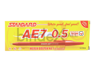 Pulpen Standard AE7 merah Alfa Tip 0.5mm tinta lancar merek bolpen nomor satu Indonesia garansi macet