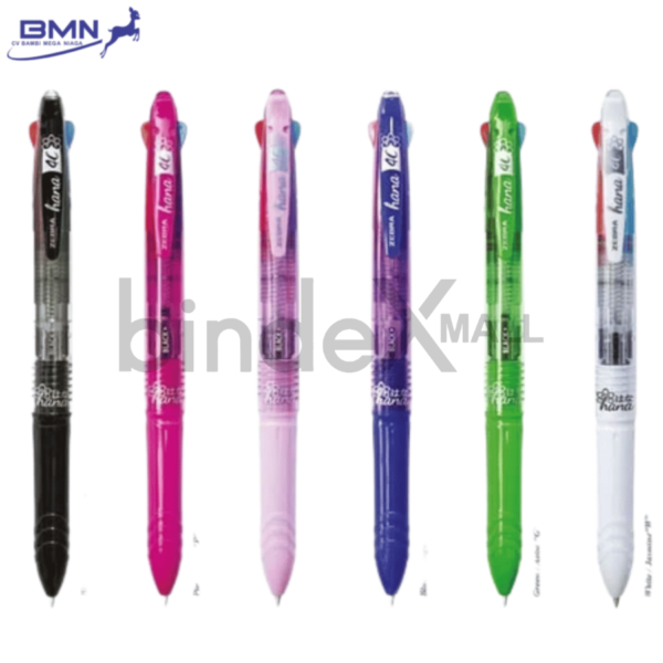 Pulpen 4 warna Zebra Hana 0.7mm desain bunga eksklusif tinta hitam biru merah hijau tersedia 6 pilihan warna bodi