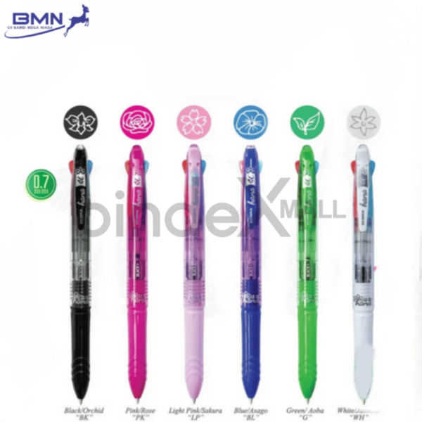 Pulpen 4 warna Zebra Hana 0.7mm desain bunga eksklusif tinta hitam biru merah hijau tersedia 6 pilihan warna bodi