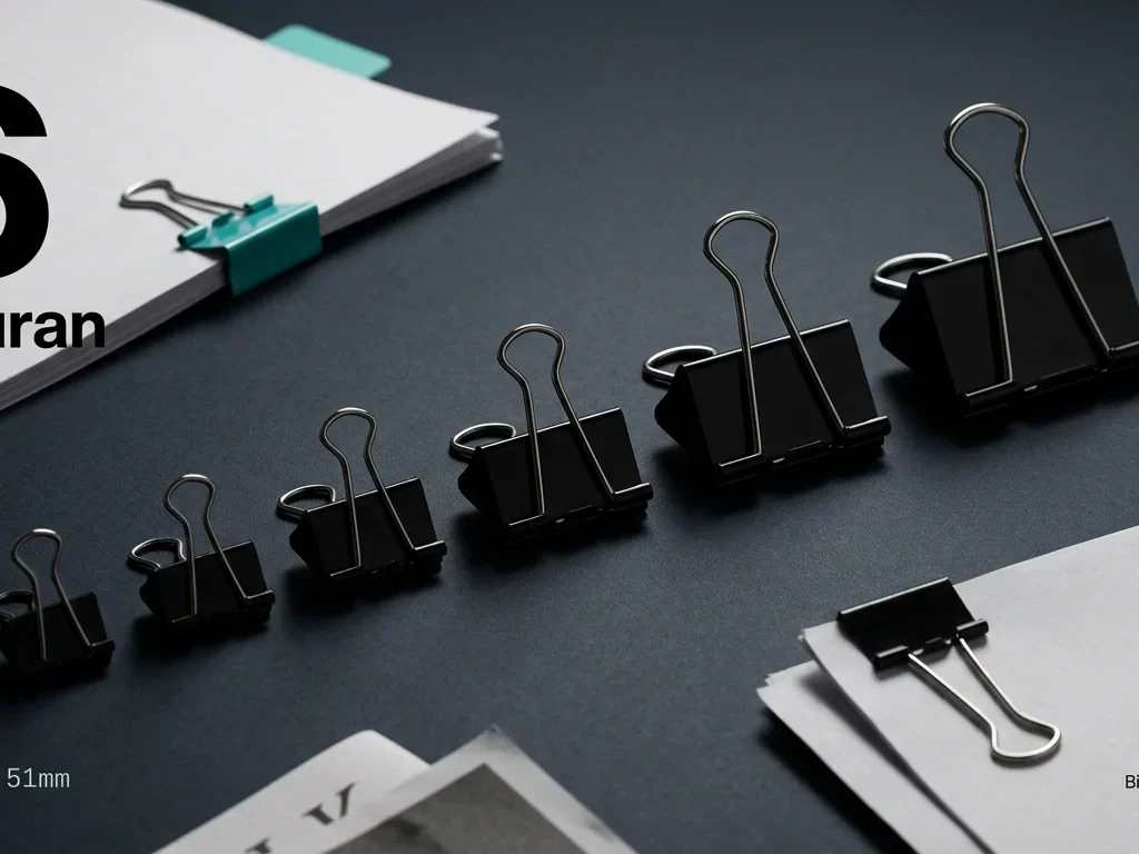 Enam ukuran binder clip Benex dari 15mm hingga 51mm untuk kebutuhan penjepit kertas kantor