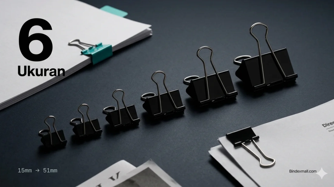 Enam ukuran binder clip Benex dari 15mm hingga 51mm untuk kebutuhan penjepit kertas kantor