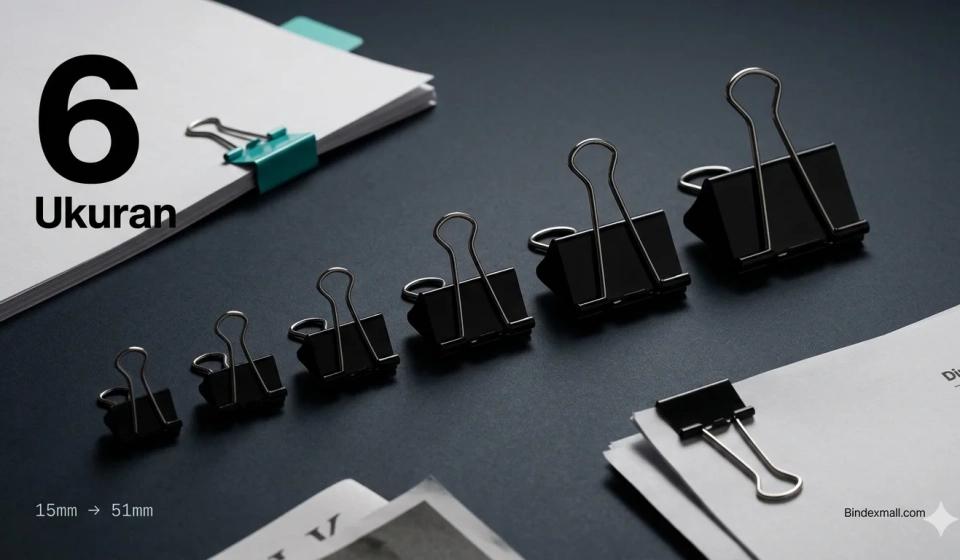 Enam ukuran binder clip Benex dari 15mm hingga 51mm untuk kebutuhan penjepit kertas kantor