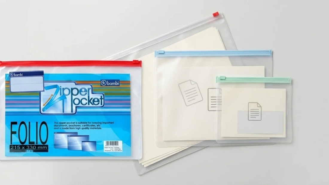 Tiga varian zipper pocket Bambi ukuran A5, A4, dan Folio berbahan PVC transparan tersusun di meja kantor – Bindexmall