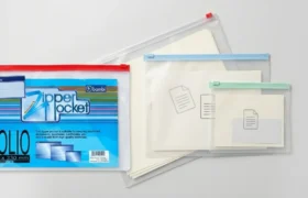 Tiga varian zipper pocket Bambi ukuran A5, A4, dan Folio berbahan PVC transparan tersusun di meja kantor – Bindexmall