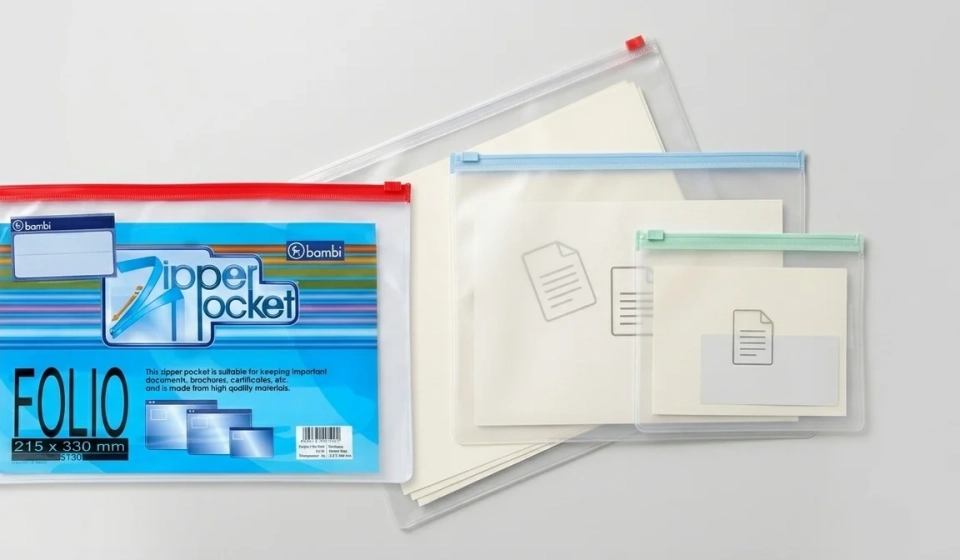 Tiga varian zipper pocket Bambi ukuran A5, A4, dan Folio berbahan PVC transparan tersusun di meja kantor – Bindexmall