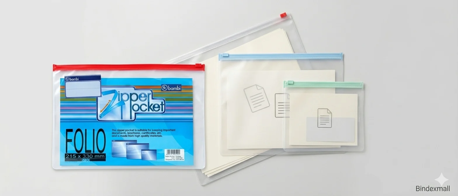 Tiga varian zipper pocket Bambi ukuran A5, A4, dan Folio berbahan PVC transparan tersusun di meja kantor – Bindexmall