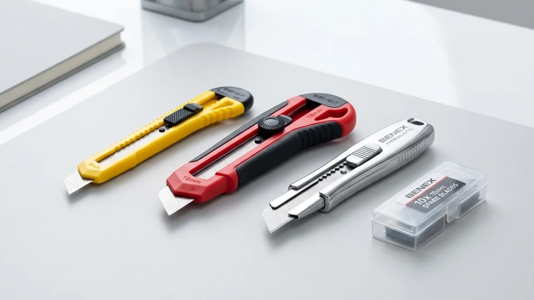 Koleksi cutter Benex 9mm dan 18mm beserta isi refill blade tersusun rapi di atas meja kantor modern – Bindexmall