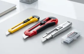 Koleksi cutter Benex 9mm dan 18mm beserta isi refill blade tersusun rapi di atas meja kantor modern – Bindexmall