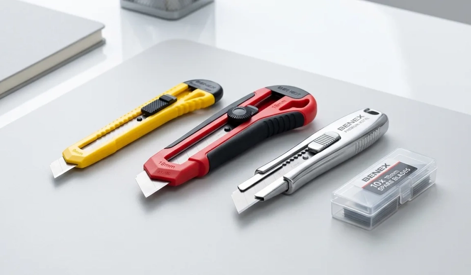 Koleksi cutter Benex 9mm dan 18mm beserta isi refill blade tersusun rapi di atas meja kantor modern – Bindexmall