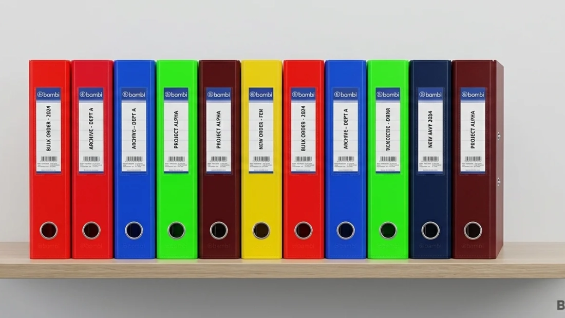 Tumpukan ordner Bambi dan Bindex berbagai warna tersusun rapi di rak kantor, siap untuk pengadaan grosir – Bindexmall