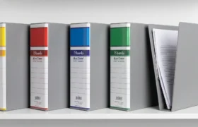 Deretan pipe binder Bambi abu-abu dengan punggung warna kuning, merah, dan biru tersusun rapi di rak kantor – Bindexmall