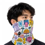 Pria Memakai Buff Gunung Motif Doodle Monster dengan Tas Carrier Eiger