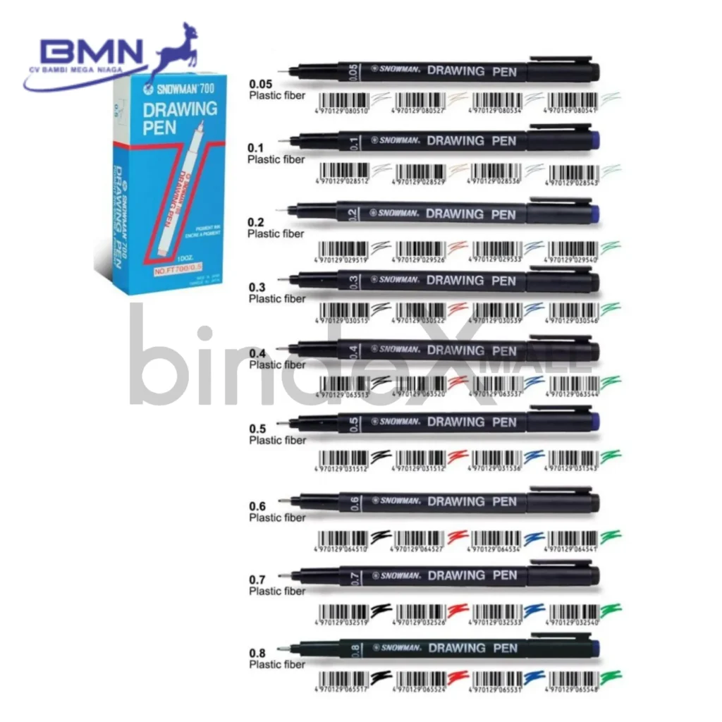 Drawing Pen Snowman Fineliner 12 Ukuran Pilihan 4 Warna Hitam Biru Merah Hijau Original